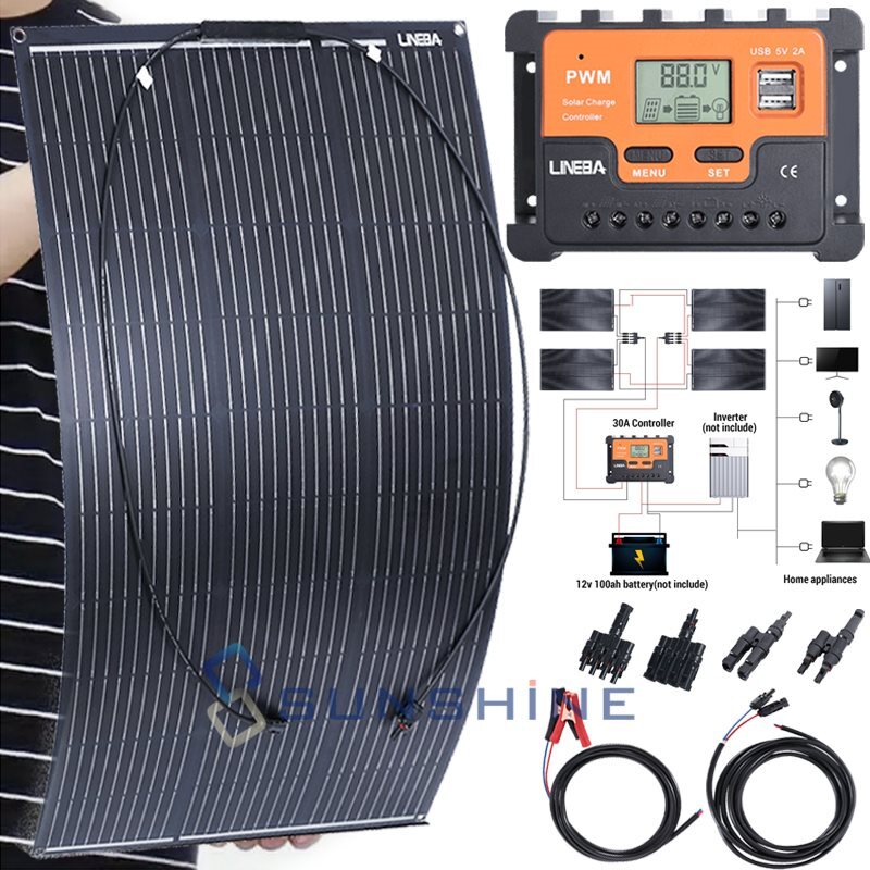 100W 200W 400W Flexible Monocrystalline Solar Panel Kit for Home/Caravan/RV/Boat