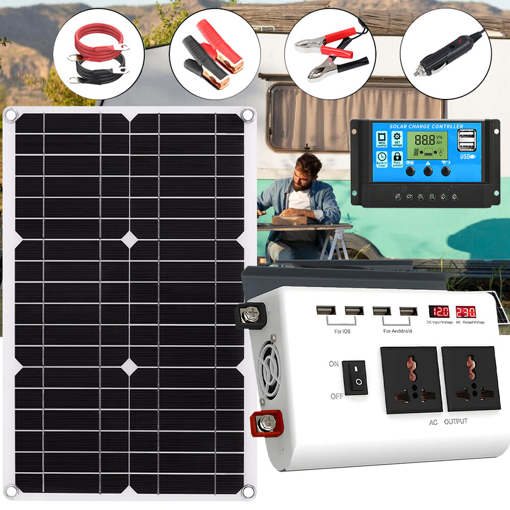 3000W Inverter Complete Solar Panel Kit + Solar Charger Controller Home RV 110V