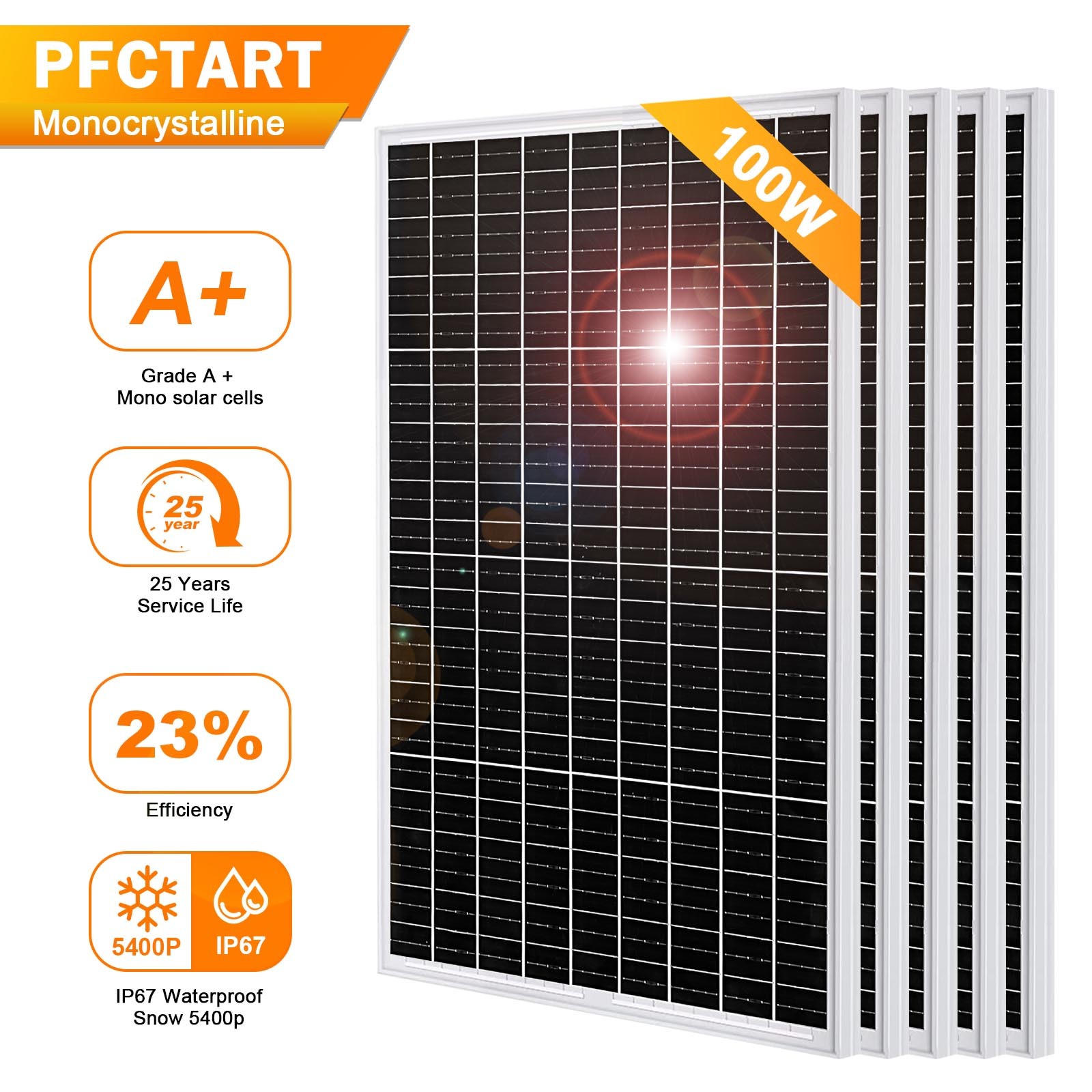PFCTART Mono 12V 500W Solar Panel 100W PV Module High Efficiency Solar Generator