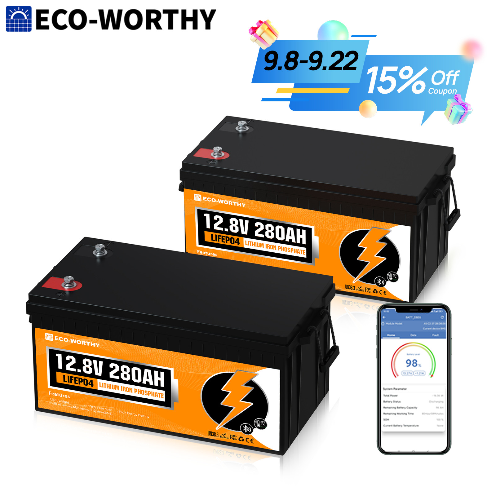 ECO-WORTHY 12V 280Ah 3584Wh LiFePO4 Lithium Battery Bluetooth 24V/36V/48V For RV