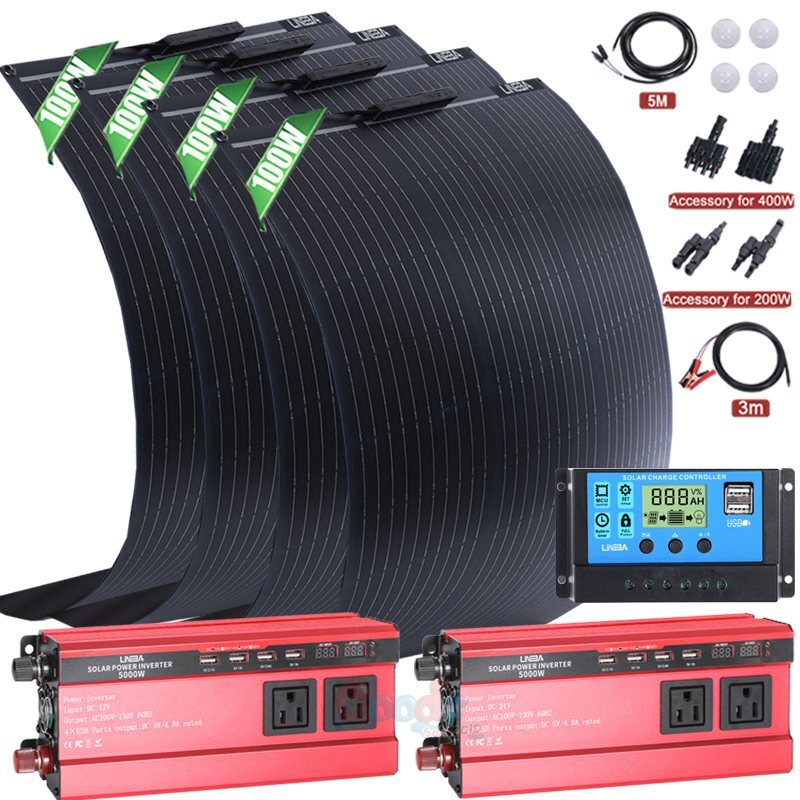 Flexible Mono Solar Panel Regulator Power Inverter Kit Car Boat RV Home Rooftop