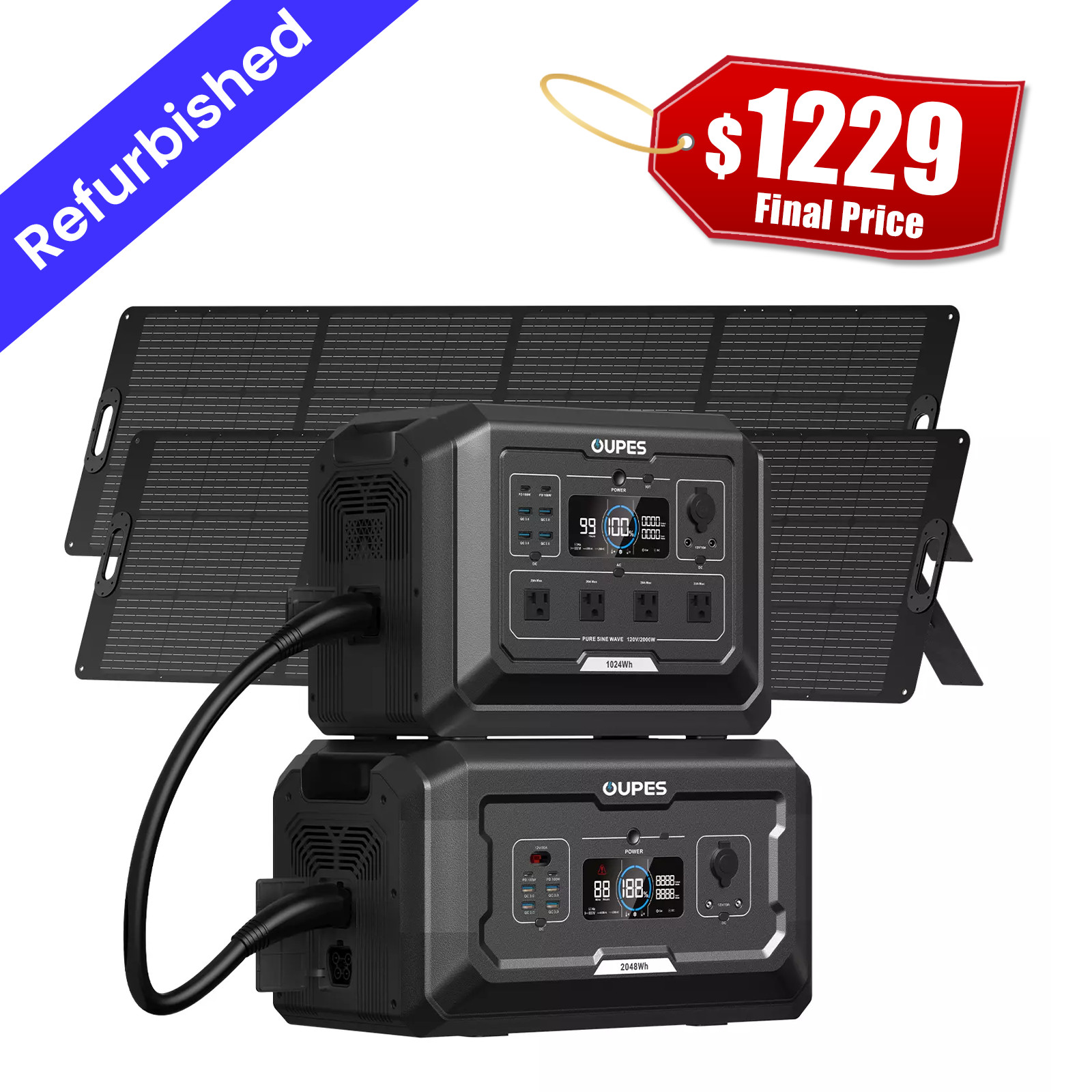 OUPES 3072Wh Mega 1 Power Station+2x240w Solar Panel+B2 Battery Solar Generator