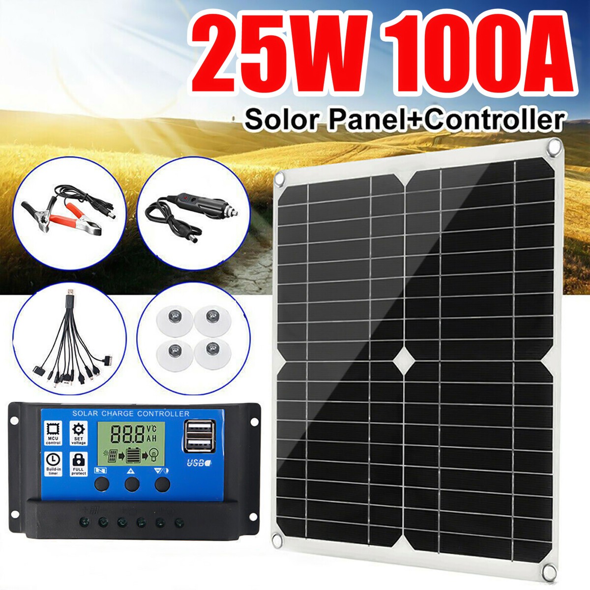 25W Solar Panel Kit 100A 12V battery Charger Controller Caravan Boat Outdoor RV