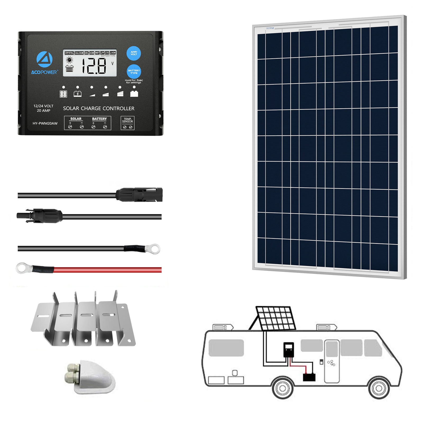100W 12V  Poly Solar RV Kits, 20A PWM Charge Controller