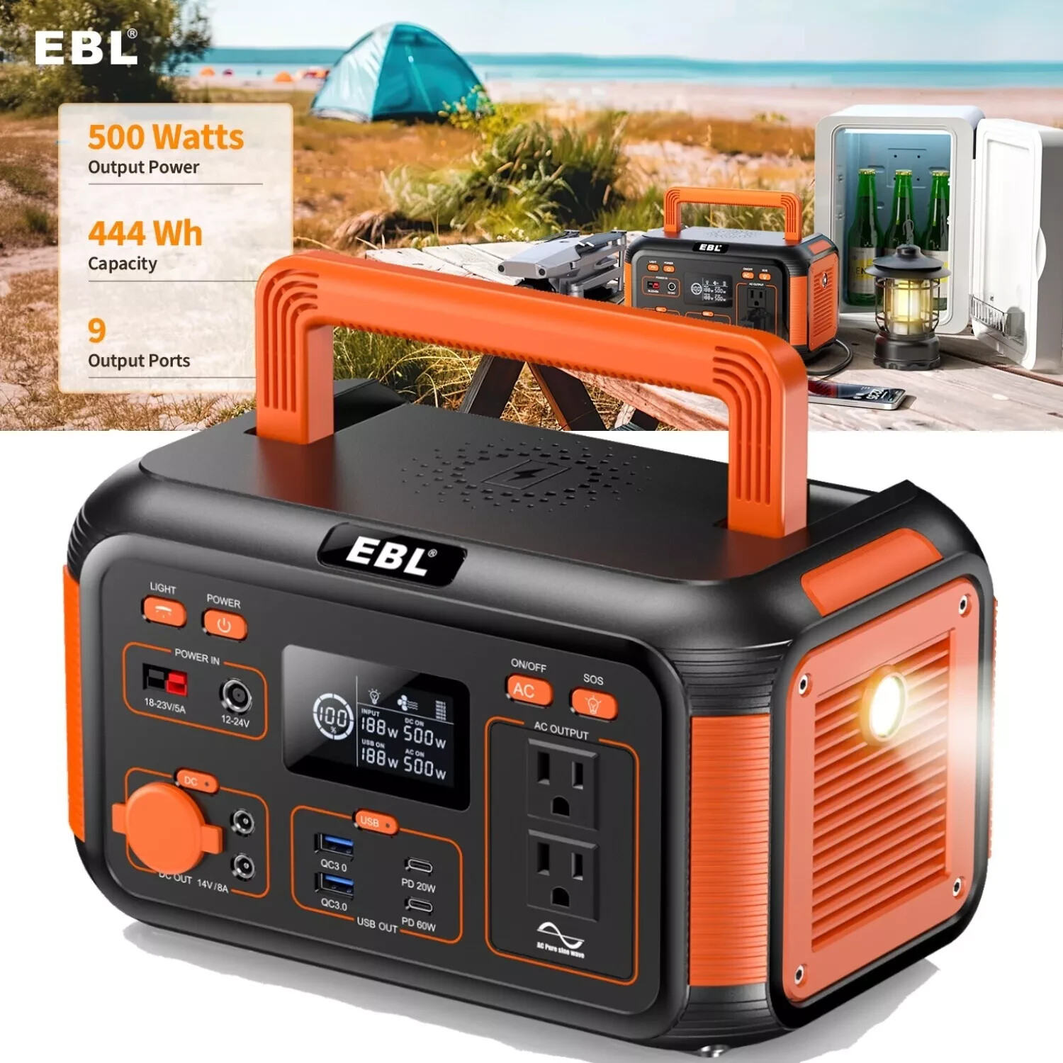 Peak 1000W Power Station 444Wh Portable Solar Generator Backup Battery Camping
