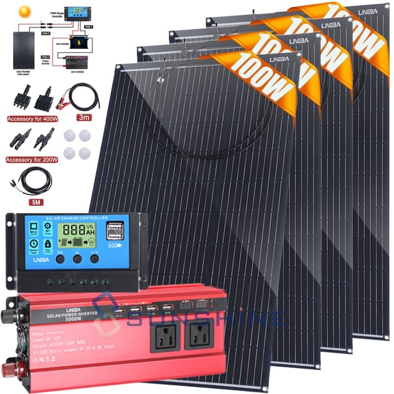Flexible Solar Panel Kit & Inverter 100W 200W 400W 12V Off Grid Home RV Camper