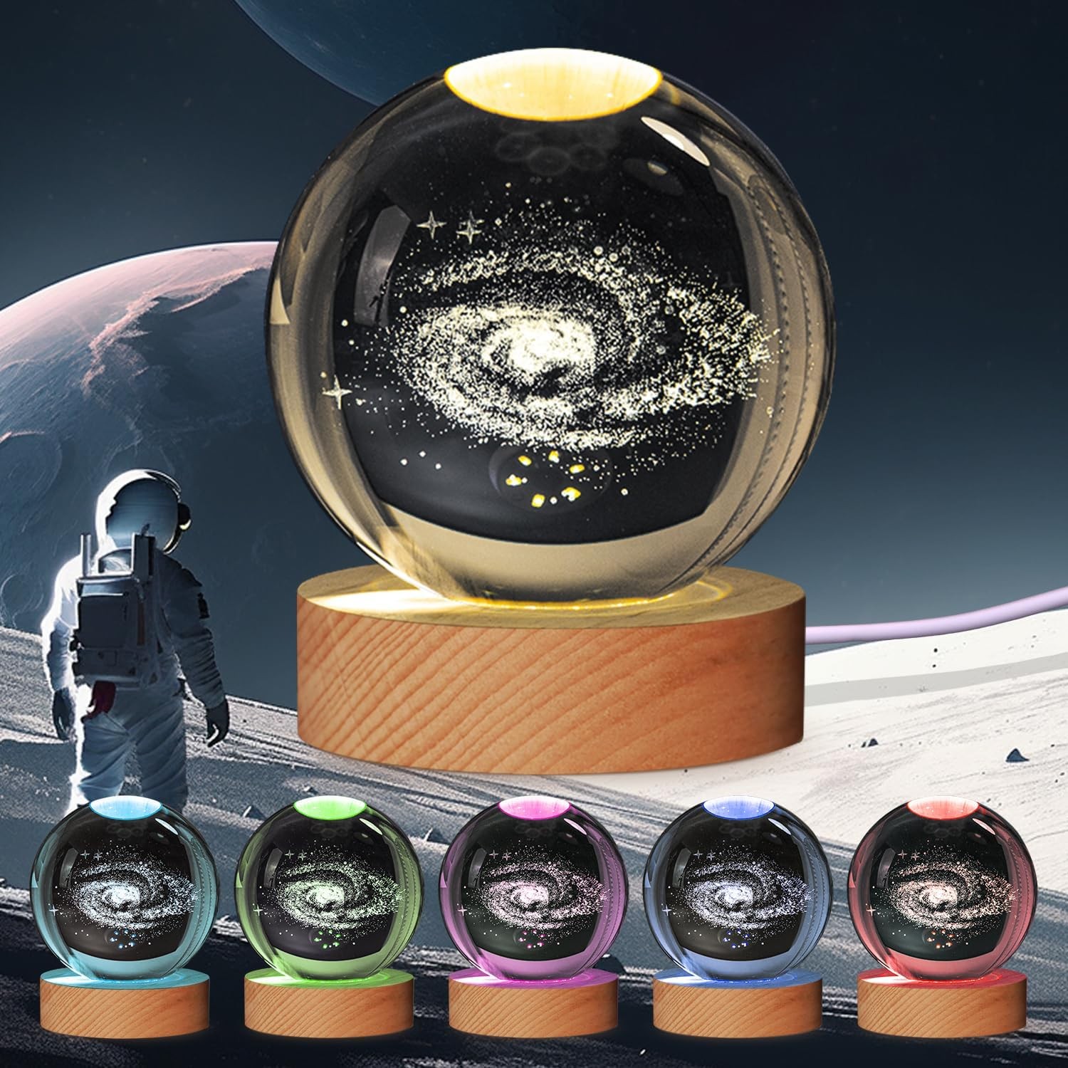 3D Solar System Crystal Ball Galaxy Night Light,3.15 inch 7 Color Lamp