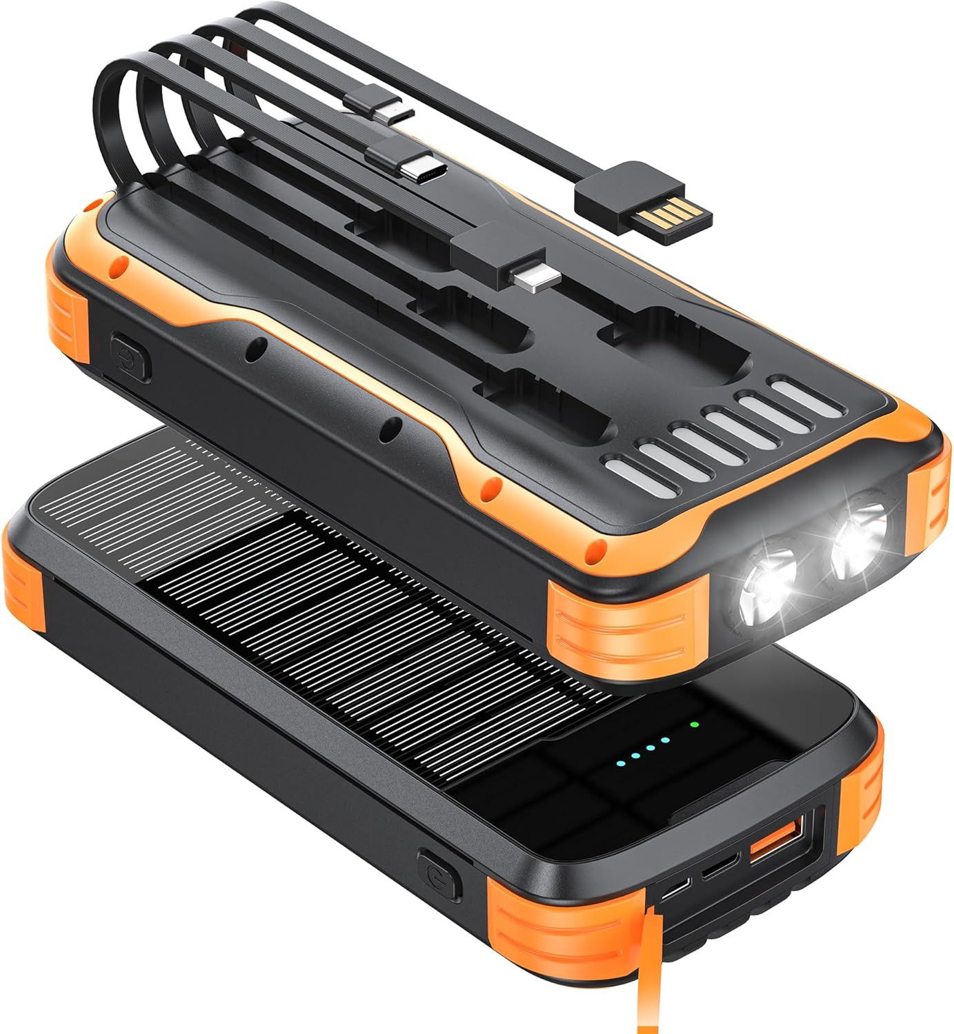 Solar-Power-Bank-Charger, 40000Mah Portable Phone Charger Built in 4 Cables with