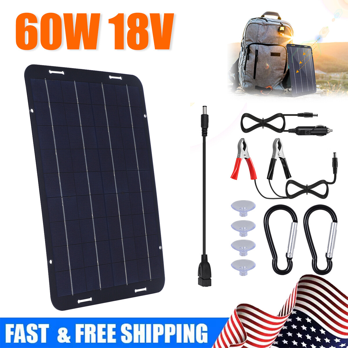 60W Solar Panel Kit Portable Power Bank Outdoor Camping Hiking Phone Charger Kit