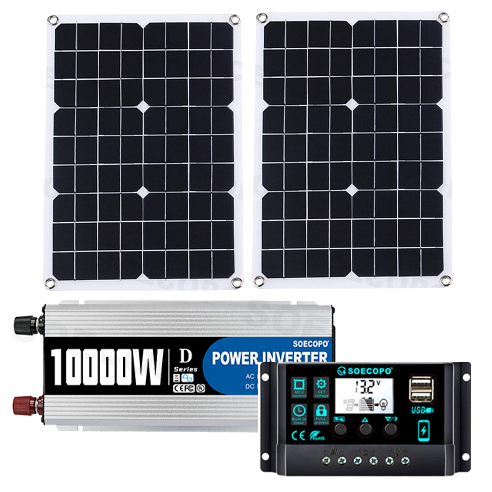 10000W Solar Power Kit 12V-110V/220V + 2pcs Solar Panels + 100A Controller