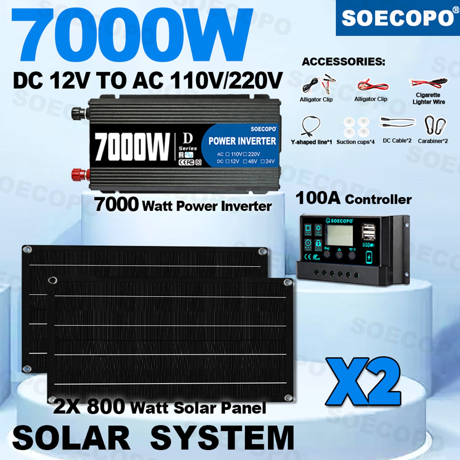 7000W Solar Power Kit | Inverter(12V-110V/220V), 2 Solar Panels, 100A Controller
