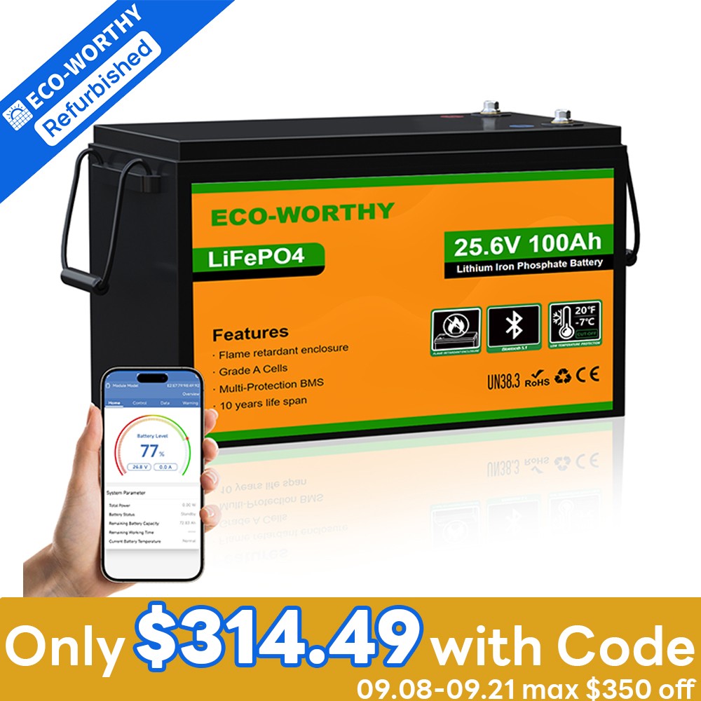ECO-WORTHY 24V 100Ah LiFePO4 Lithium Battery Bluetooth Low-Temp For Home RV