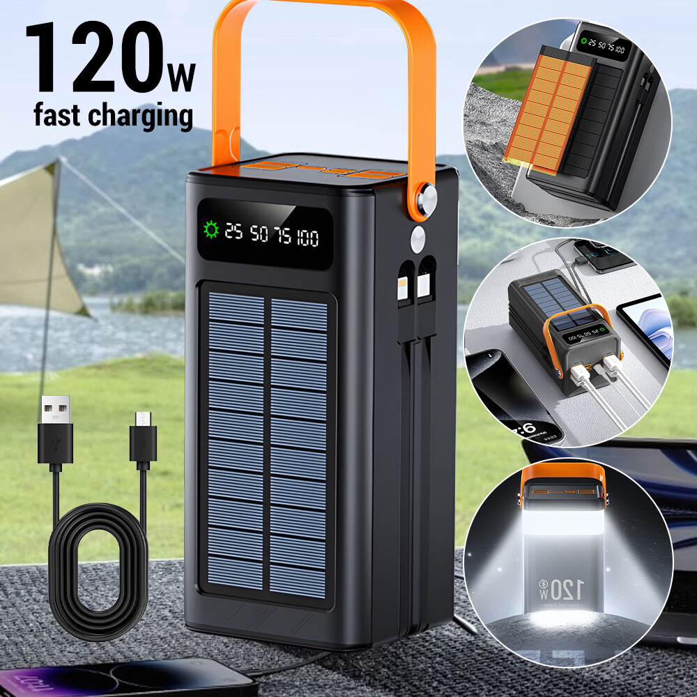Portable Solar Power Bank 70000mAh Fast Charging Battery with 2 Built in Cables