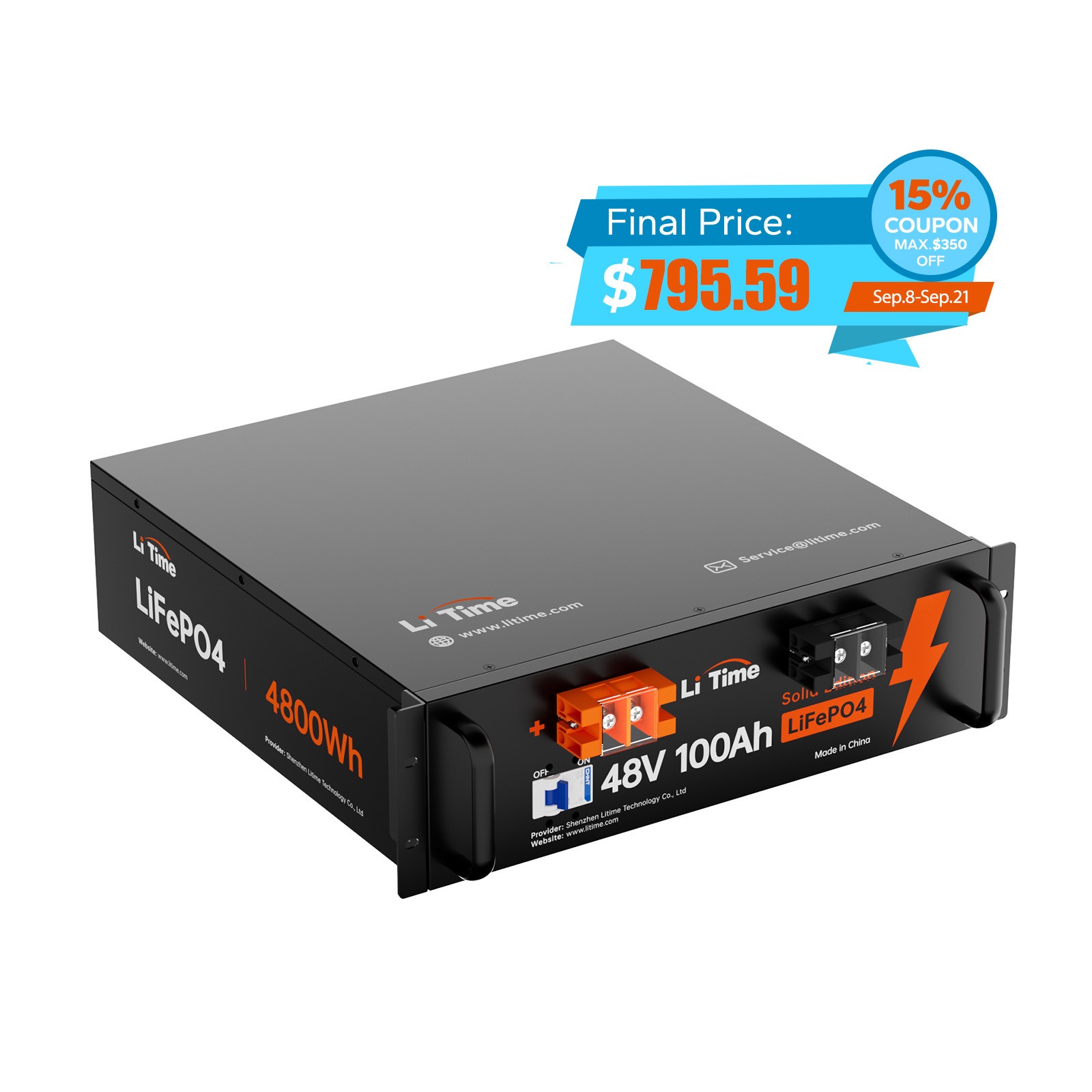 LiTime 48V 100Ah LiFePO4 Deep Cycle 3U Server Rack Battery For Home Energy Solar