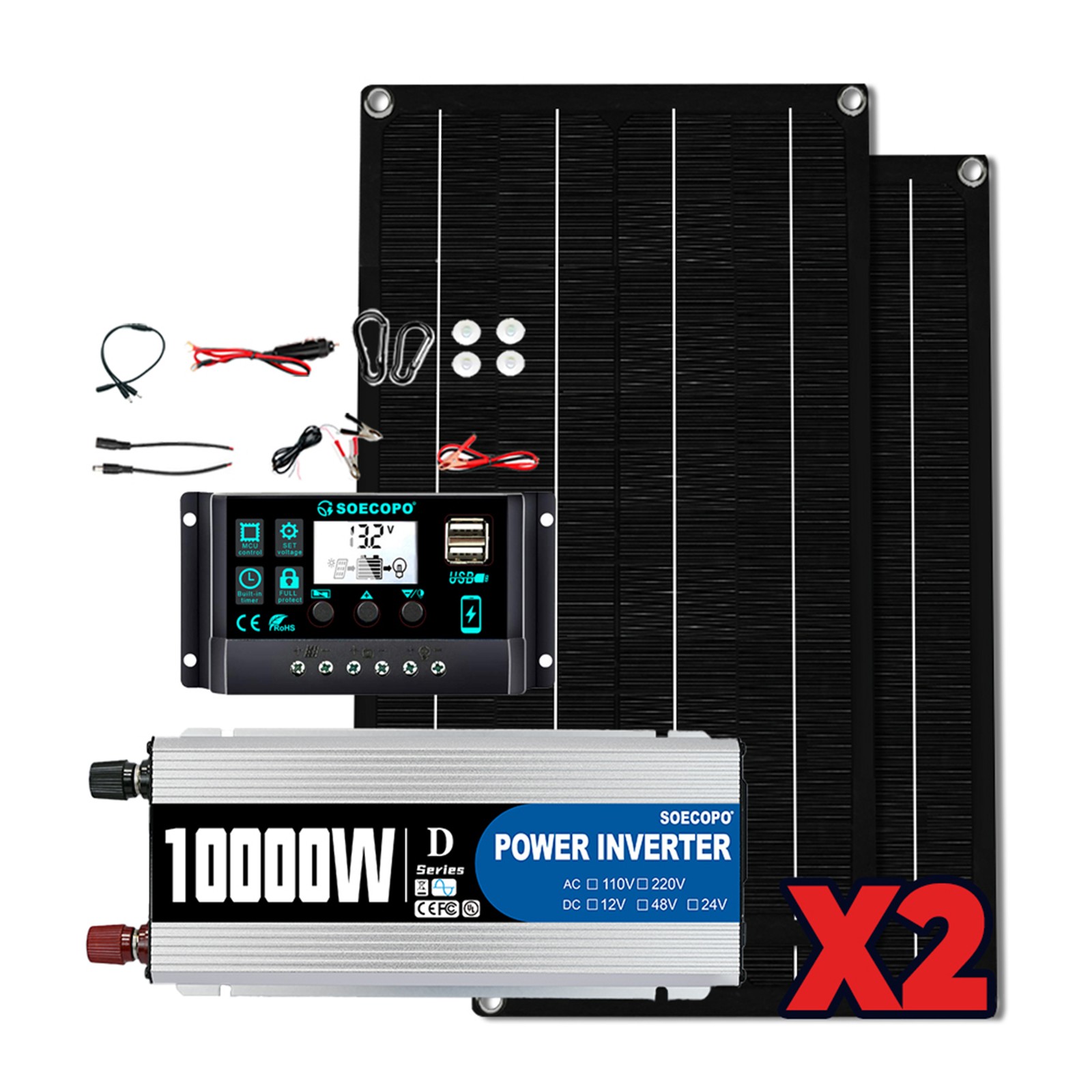 10000W Solar Power System Kit 12Vto110V/220V+2pcs Solar Panels+ 100A Controller