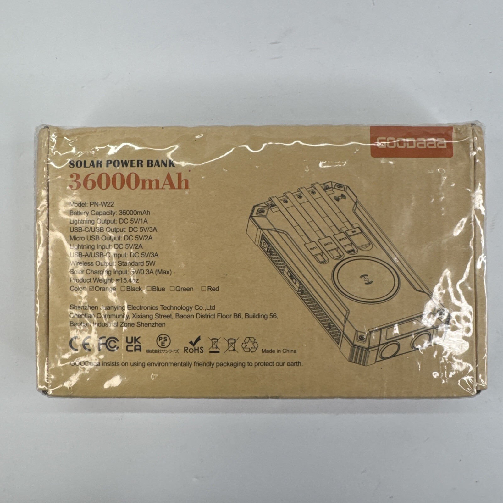 GOODaaa PN W22 BLACK WIRELESS  SOLAR POWER BANK CHARGER 36000MAH 4 CABLES