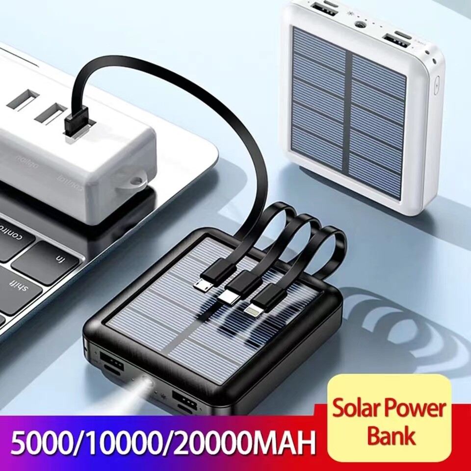 Mini Solar Power Bank Portable Charger Fast Charging External Battery 4Cable USB
