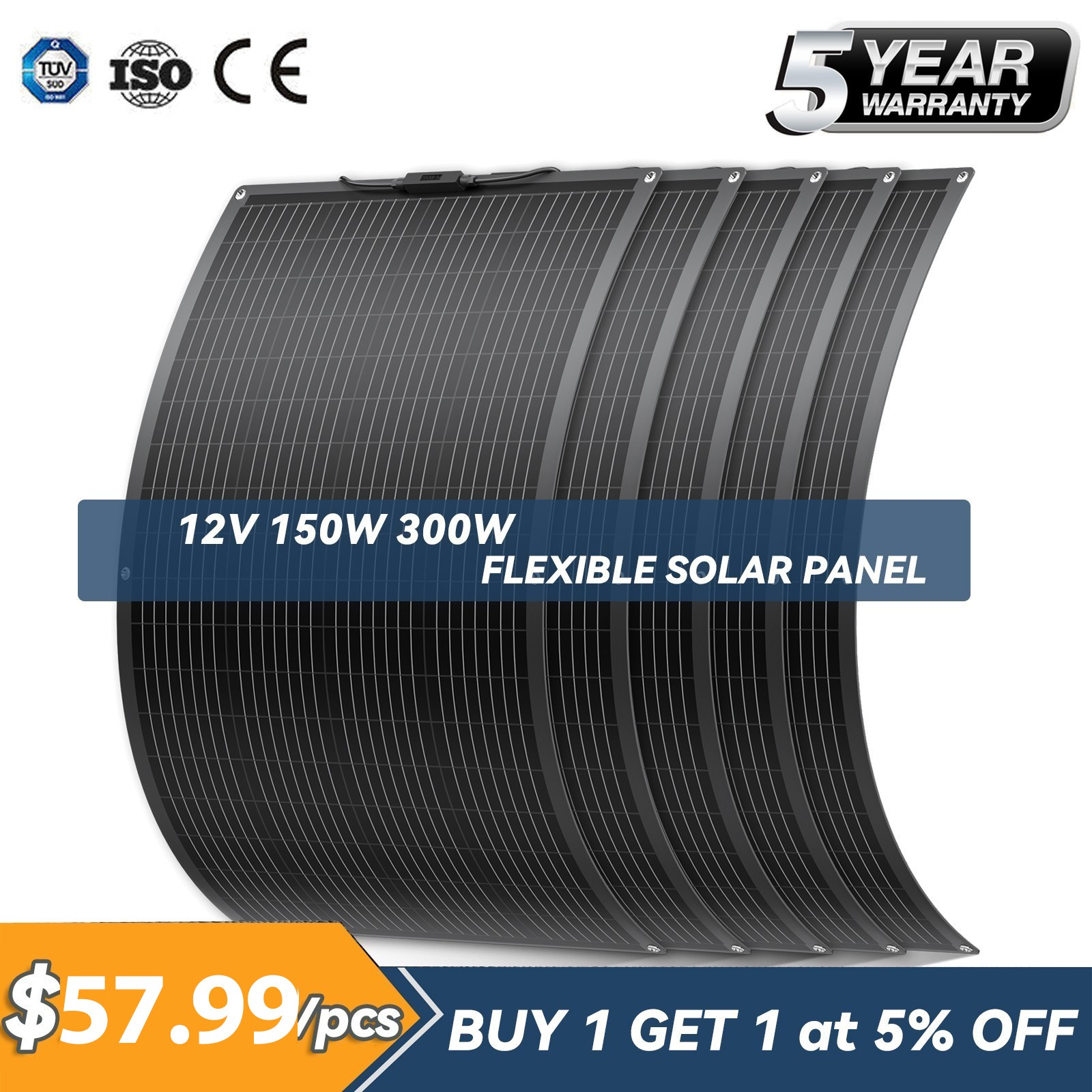 12V 150W 300W 600W Portable Flexible Solar Panel RV Camping Home Off-Grid Boat