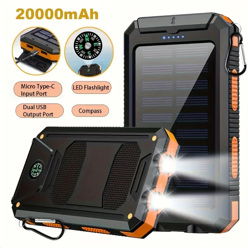 Super 20000mAh USB Portable Charger Solar Power Bank For Cell Phone