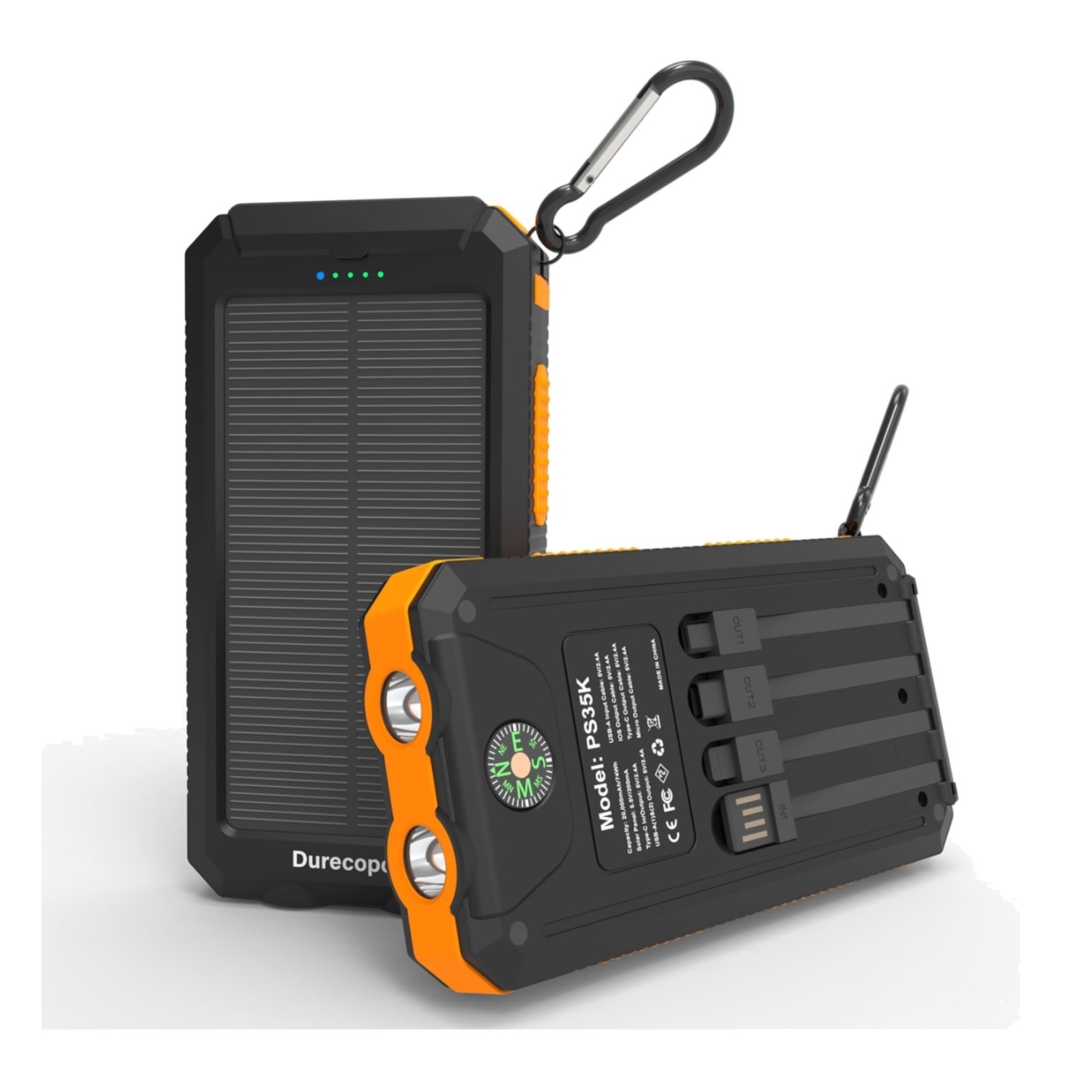 High-Capacity Solar Charger Power Bank with Built-in Cables for Travel & Hiking