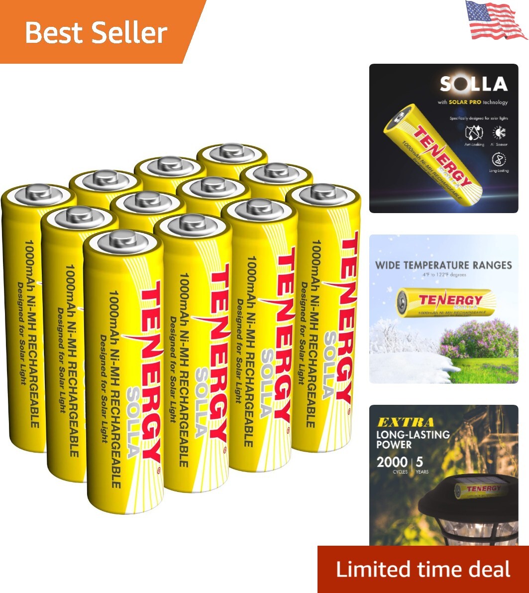 Solla 1000mAh Rechargeable NiMH AA Solar Batteries, 12 Pack,  Certified