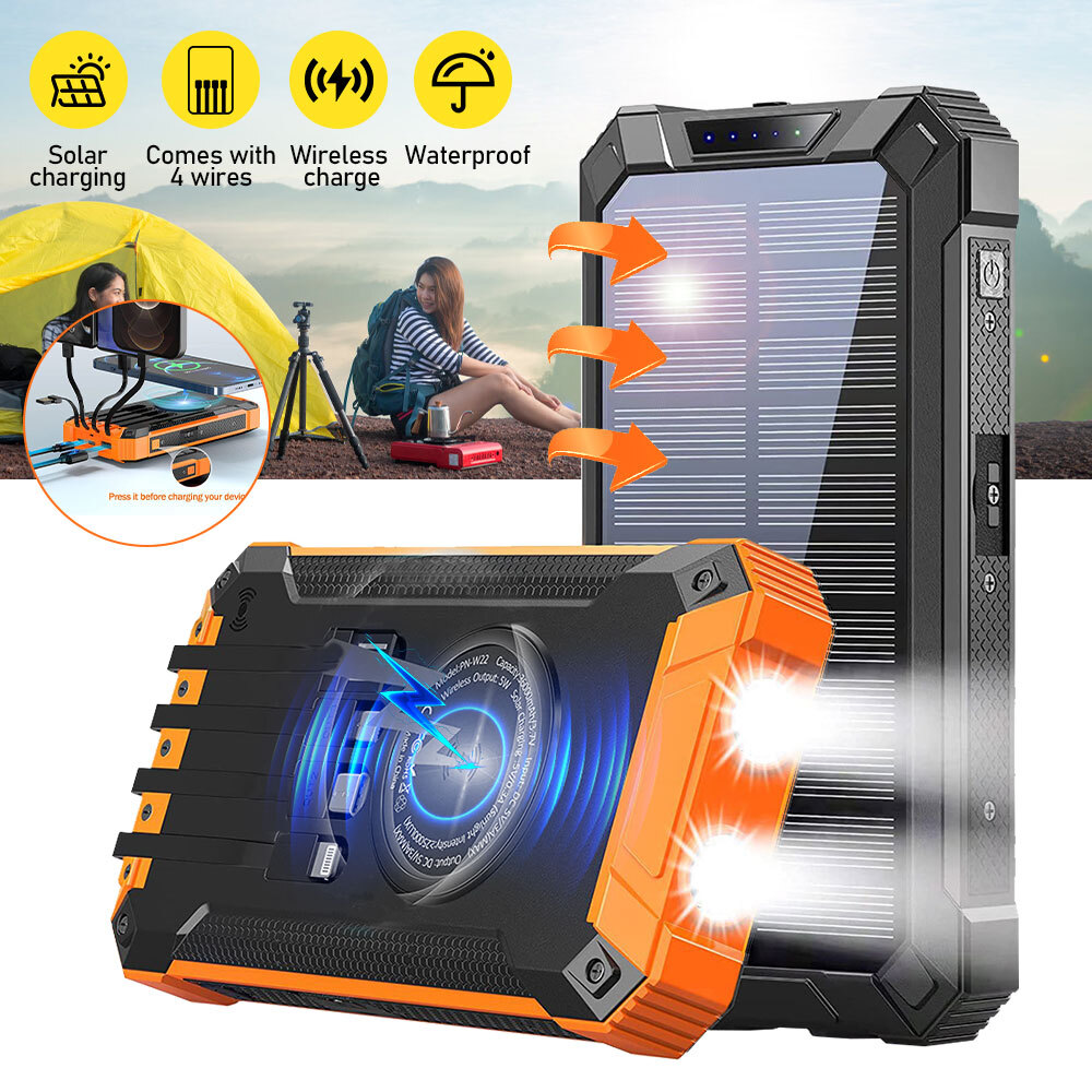Solar Power Bank Wireless Charger 42800mAh USB Fast Charging Built in 4 Cables