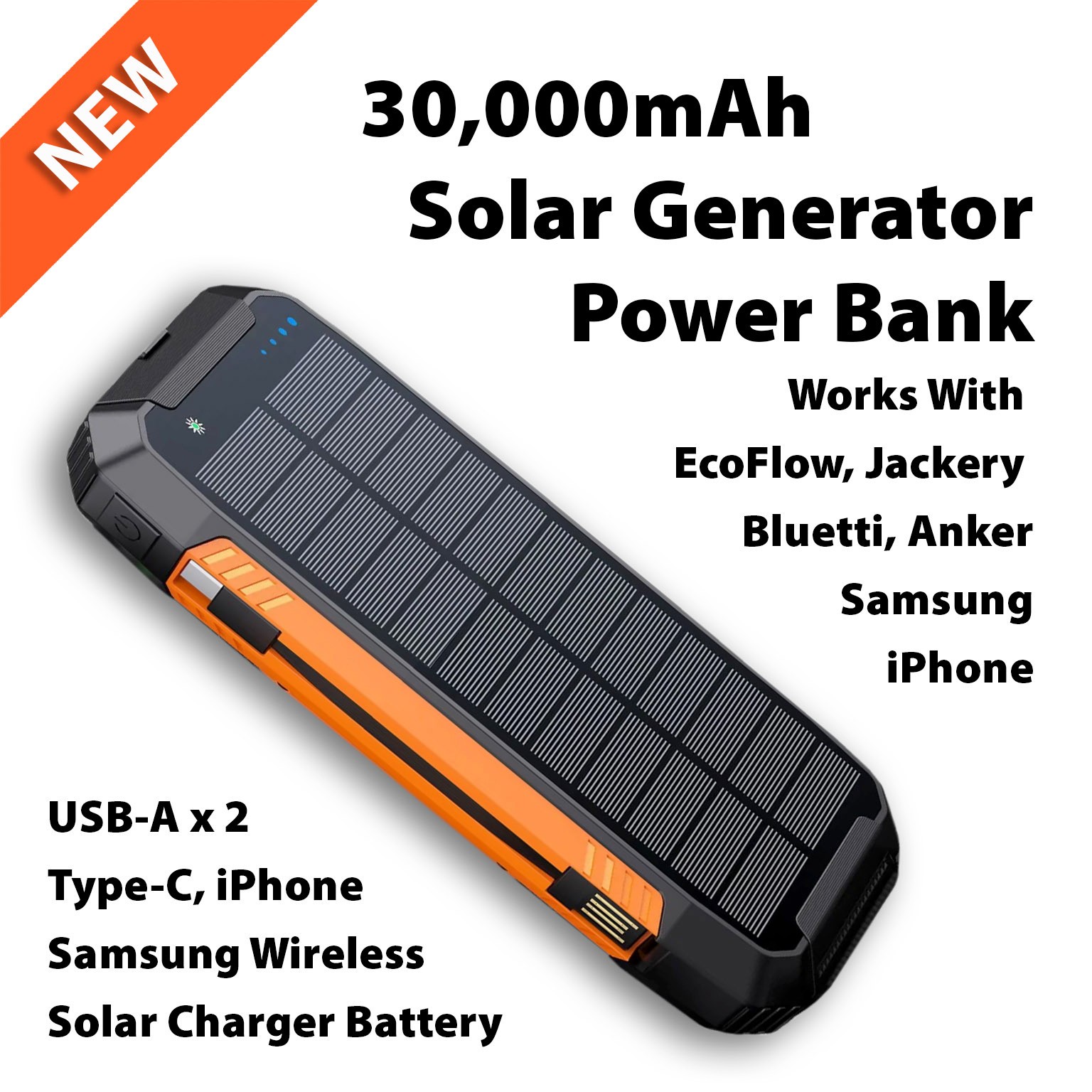 30000mAh Solar Generator Power Bank – iPhone, iPad, Samsung, and Laptop, Type C