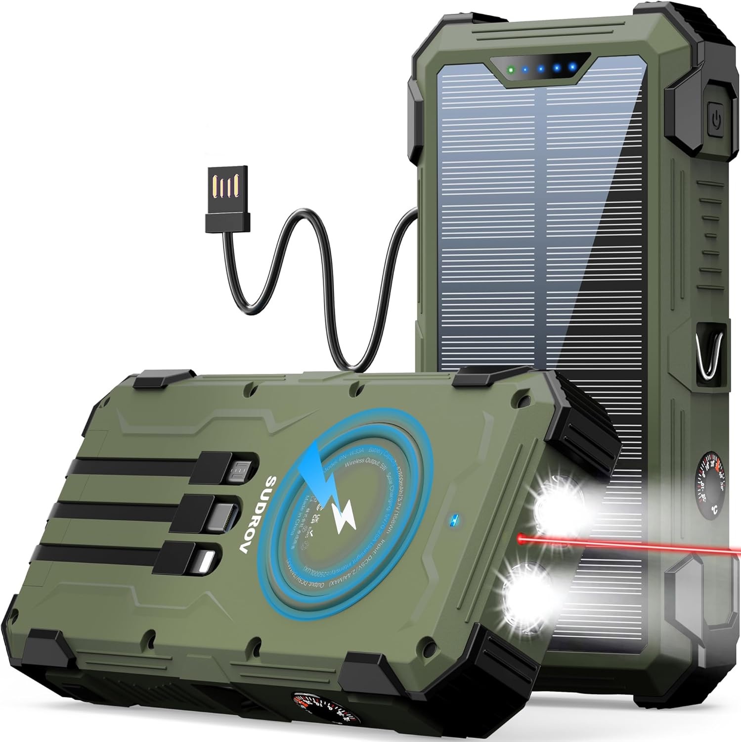 Army Green Solar Power Bank 42800Mah, 15W Wireless Portable Charger with Built-I