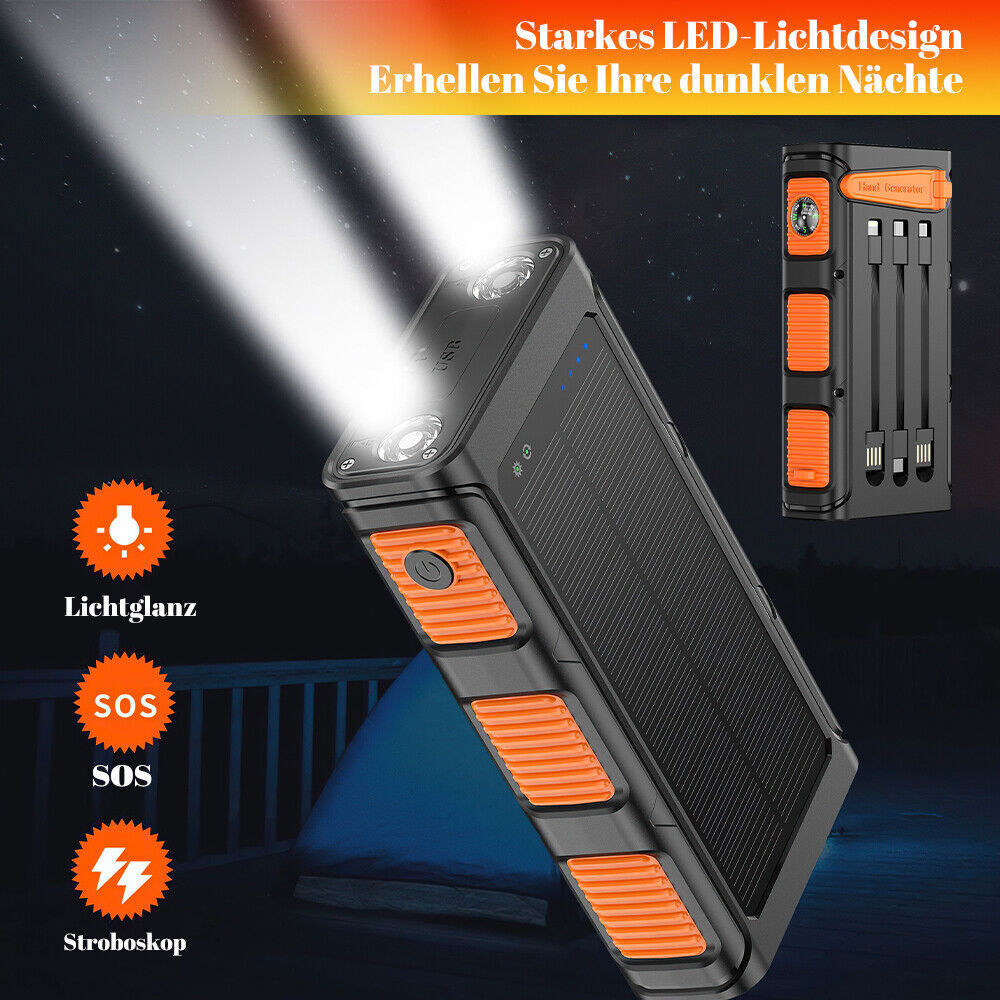 10000mAh Hand Crank PD20W Solar Power Bank Charger Built in Cables Fast Charging