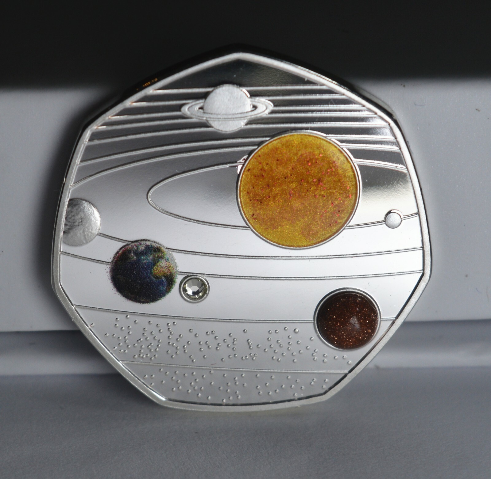 OUR SOLAR SYSTEM Commemorative with Colour, Gemstone & Crystal. Moon/Mars/Sun