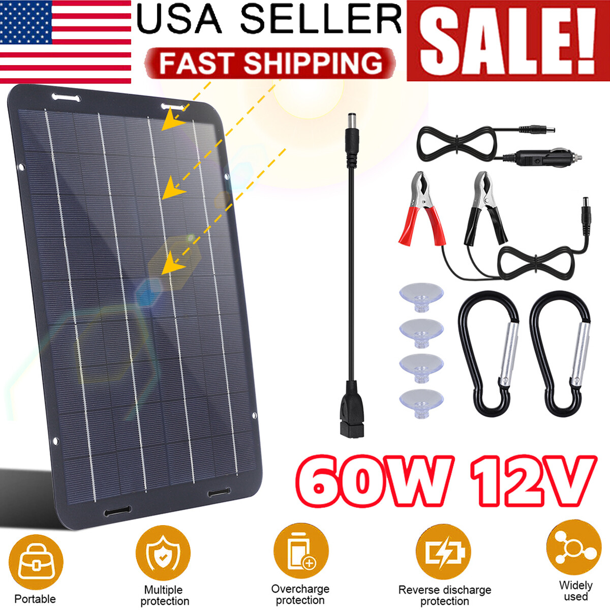 60W Solar Panel 12V Trickle Charger Battery Charger Kit Maintainer Boat Car RV