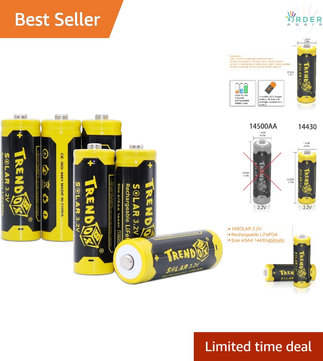 3.2V 450mAh Rechargeable LiFePo4 Battery Pack for Solar Garden Lights 6 Pack