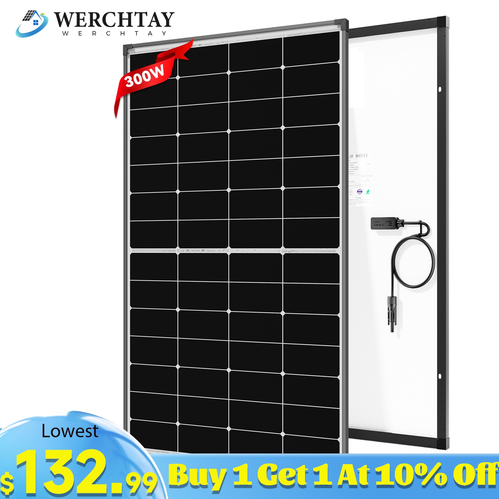 300W Mono Solar Panel 12V Charging RV Camping Home Off-Grid Boat Battery Charger