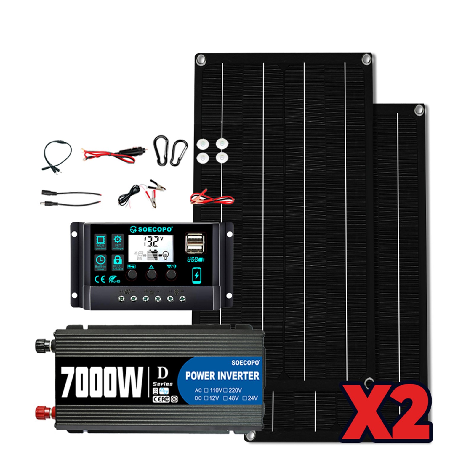 7000W Solar Power Kit | Inverter(12V-110V/220V), 2 Solar Panels, 100A Controller