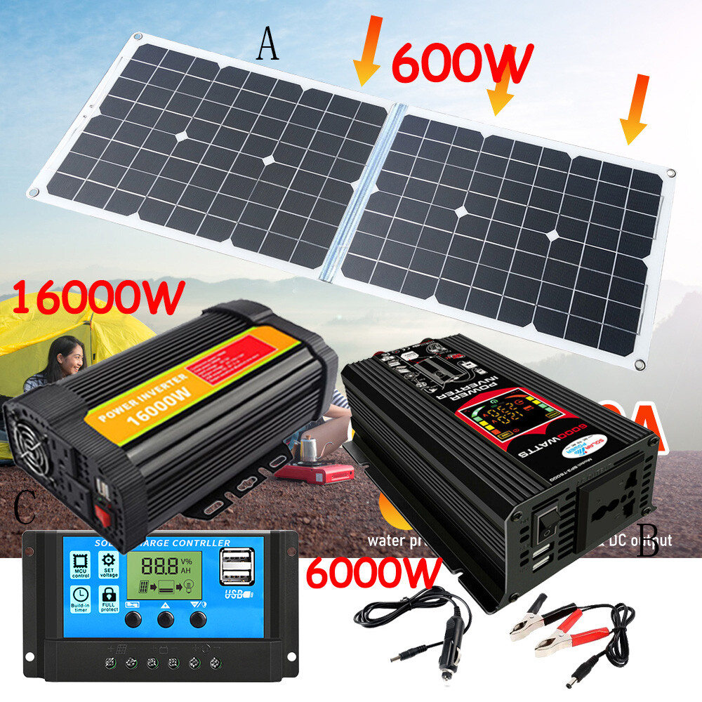 600W Foldable Solar Panel Kit 16000W/6000W Power Inverter 100A Battery Charger