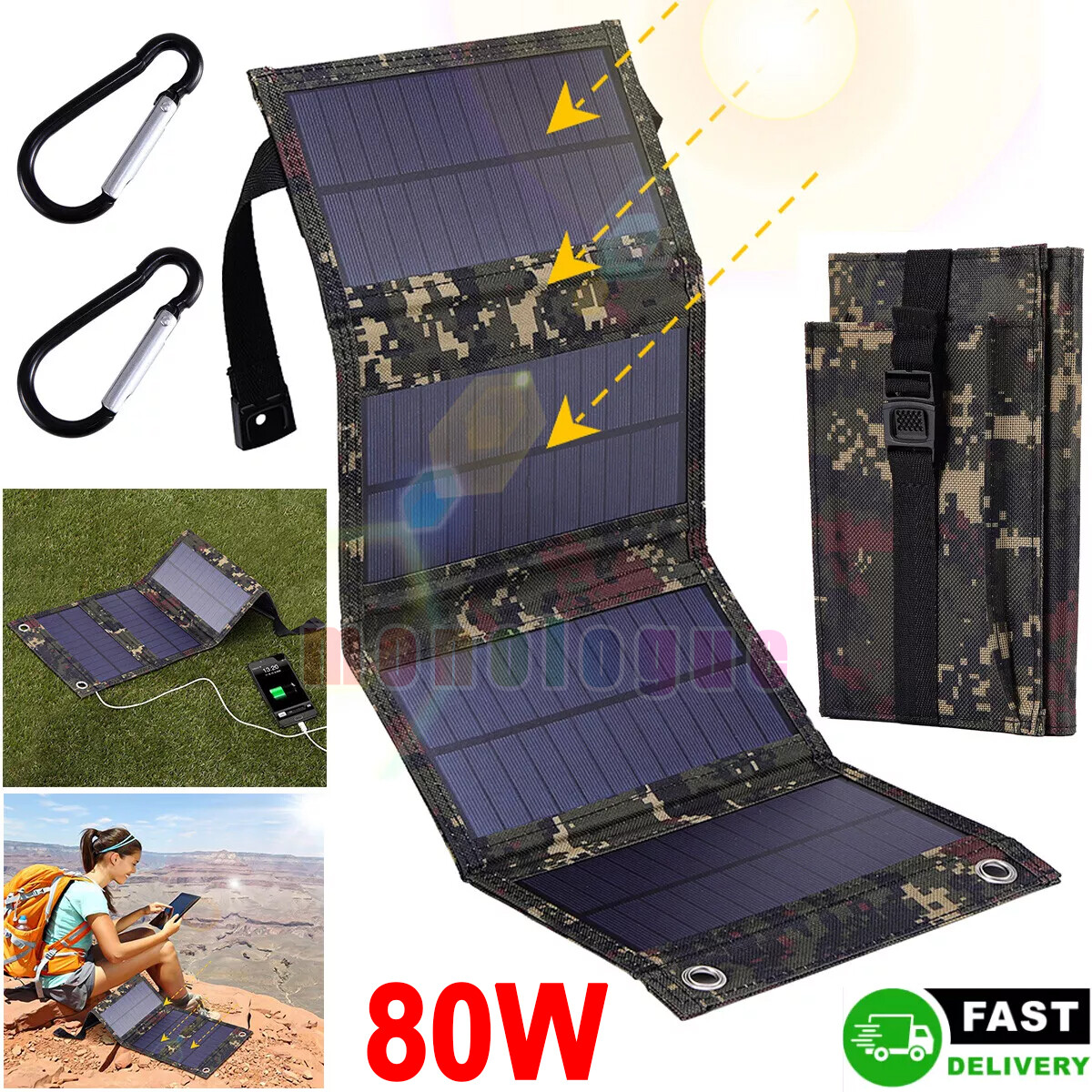 80W Solar Panel Kit USB 12V Battery Charger Folding Portable Power Bank IP65 US