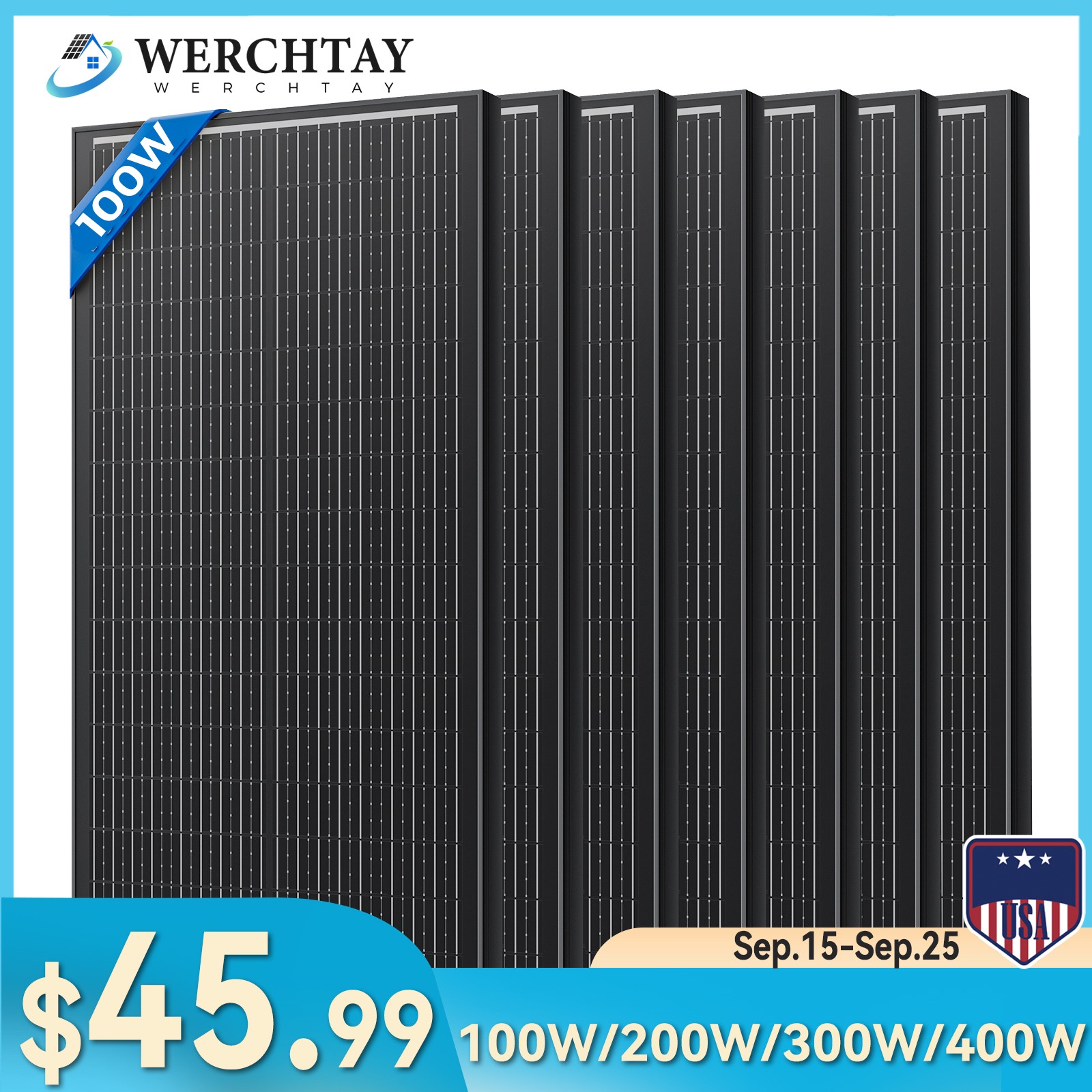 12V 100W 200W 300W 400W 1000W Monocrystalline Solar Panel Home RV Off-Grid Power