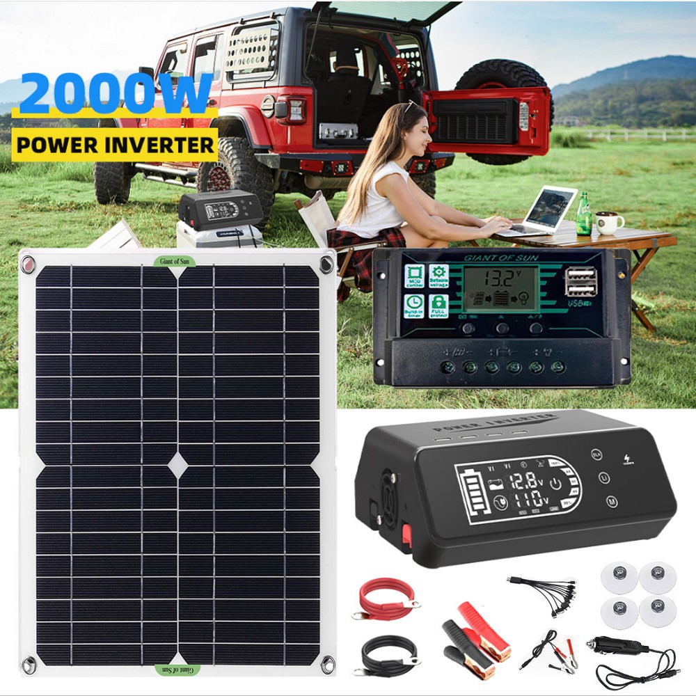 Solar Panel Kit w/2000W Battery Power Inverter 110V Off Grid For Home RV Camping