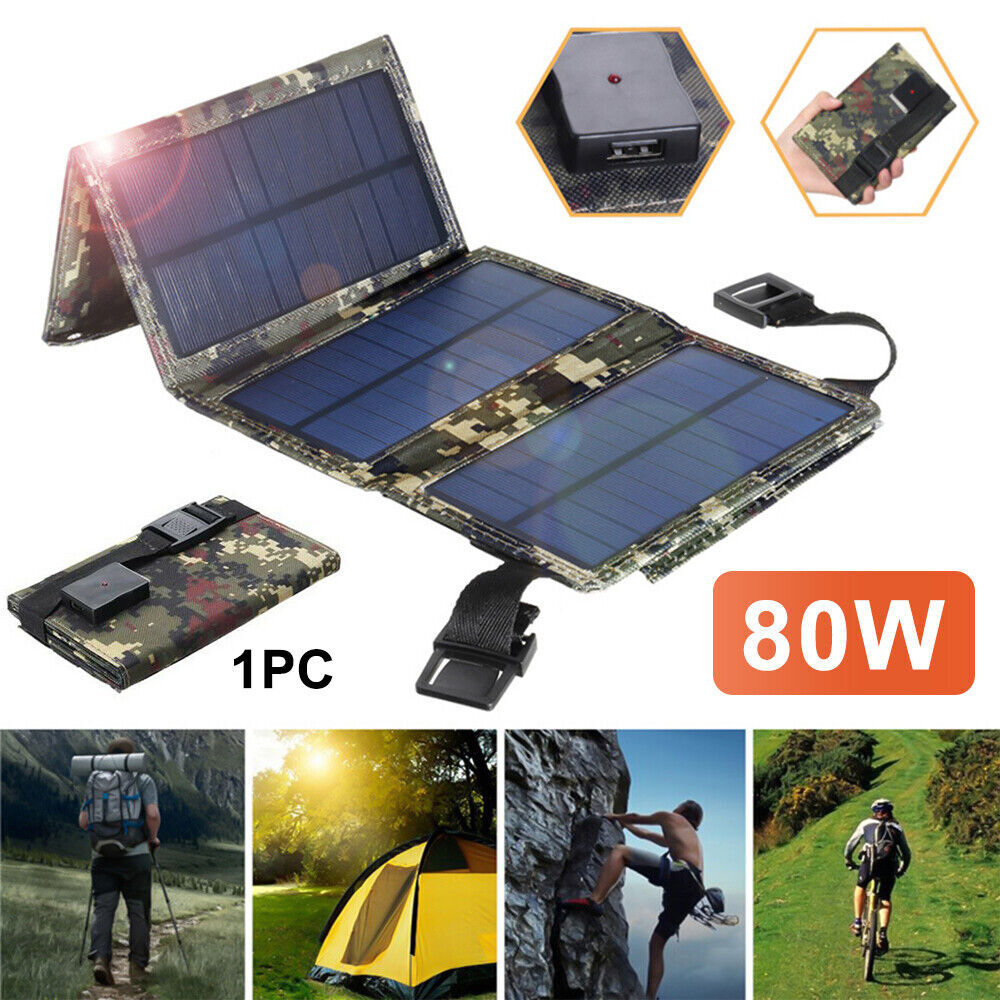 80W Solar Panel Outdoor Hiking Camping Phone USB Charger Folding Power Bank