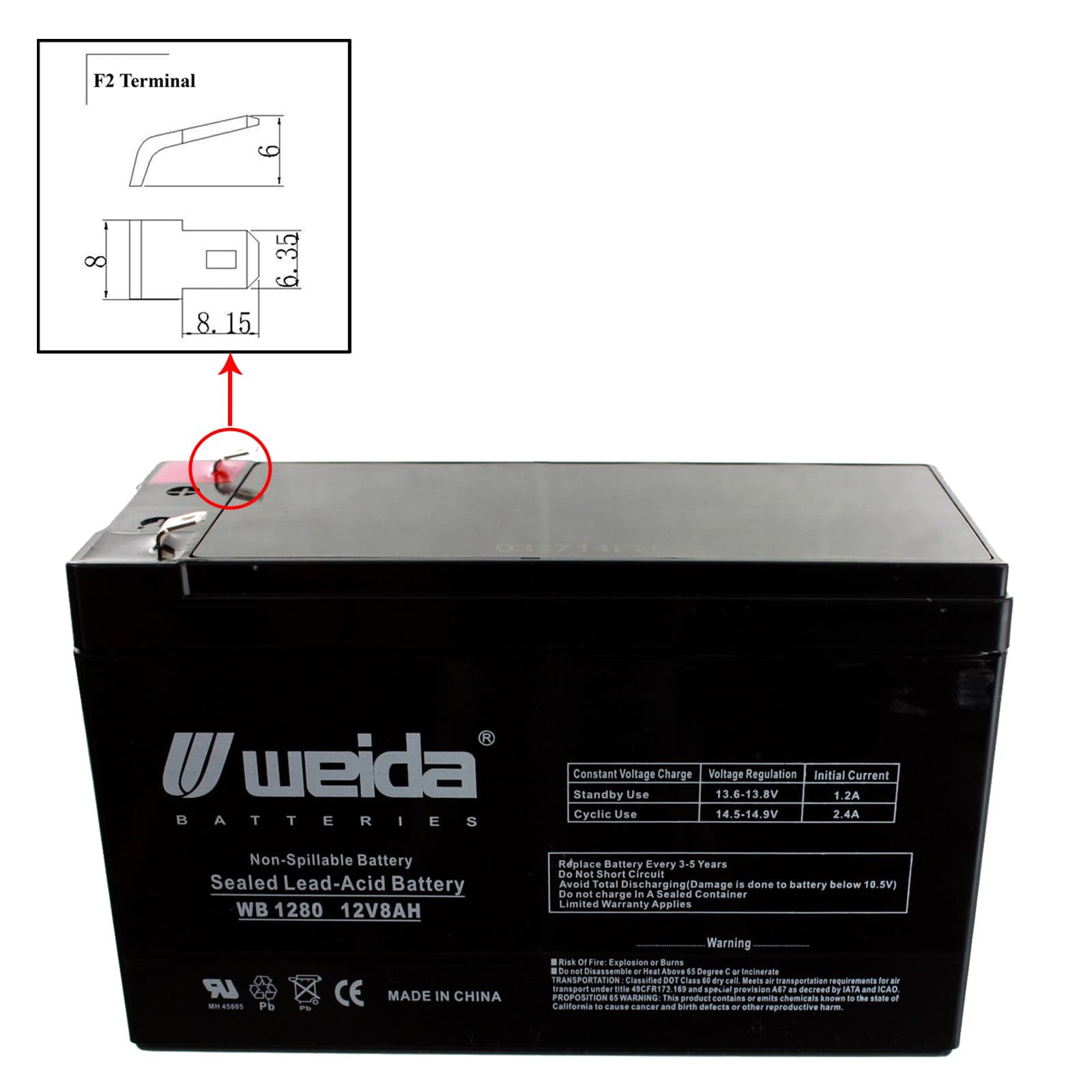 NEW 12V 8Ah SLA Battery WB1280F2 For UB1280, PS1280, WKA12-8F