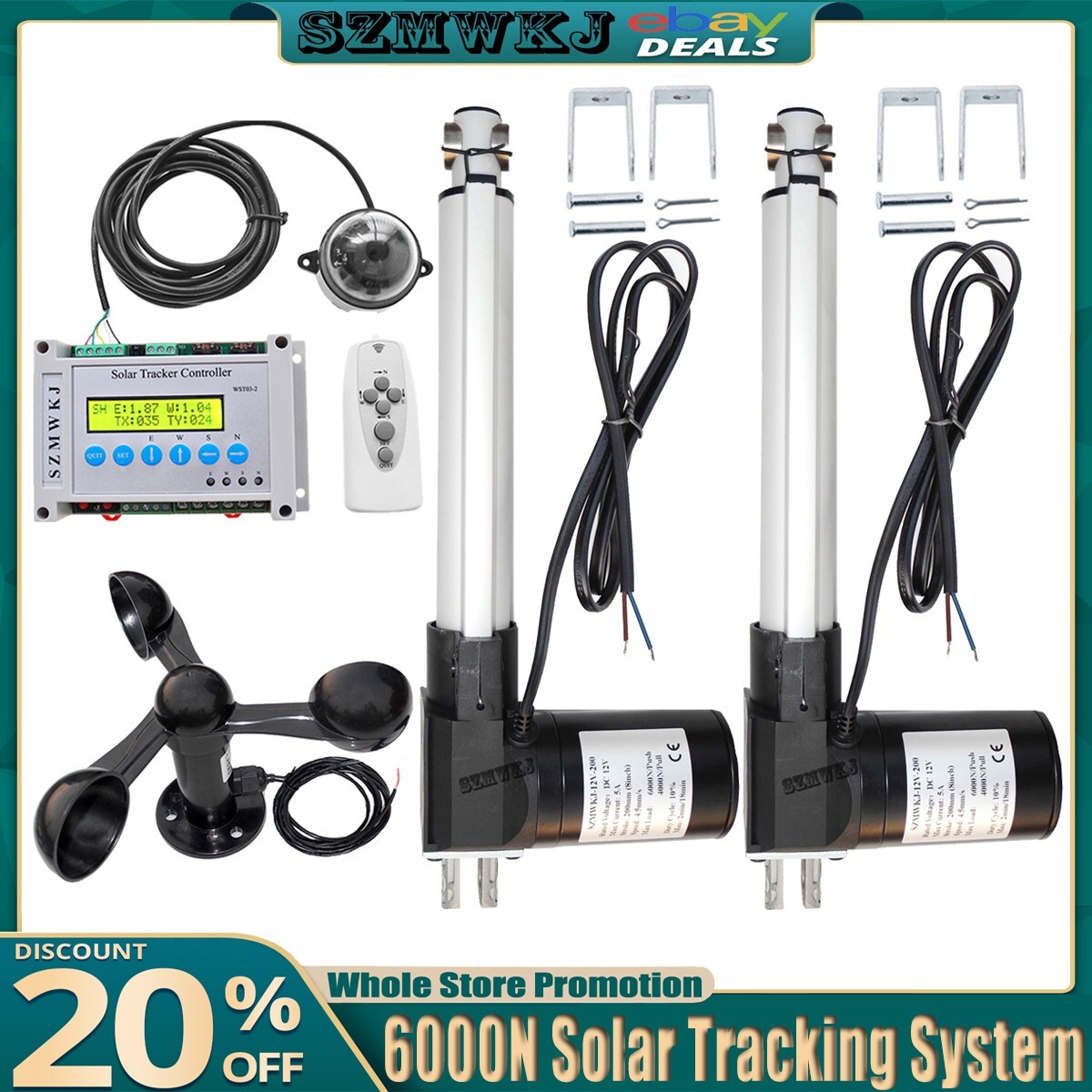 12V LCD Dual Axis Solar Tracking Kit -6000N 2*8″ Linear Actuators W/ Wind Sensor