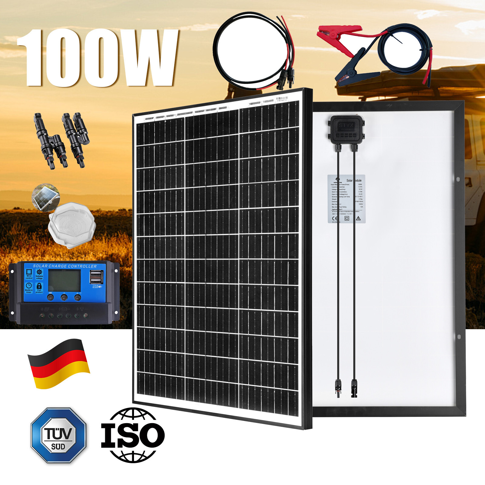 12V 100W Watt Solar Panel Complete Kit Monocrystalline Off Grid RV Marine Boat