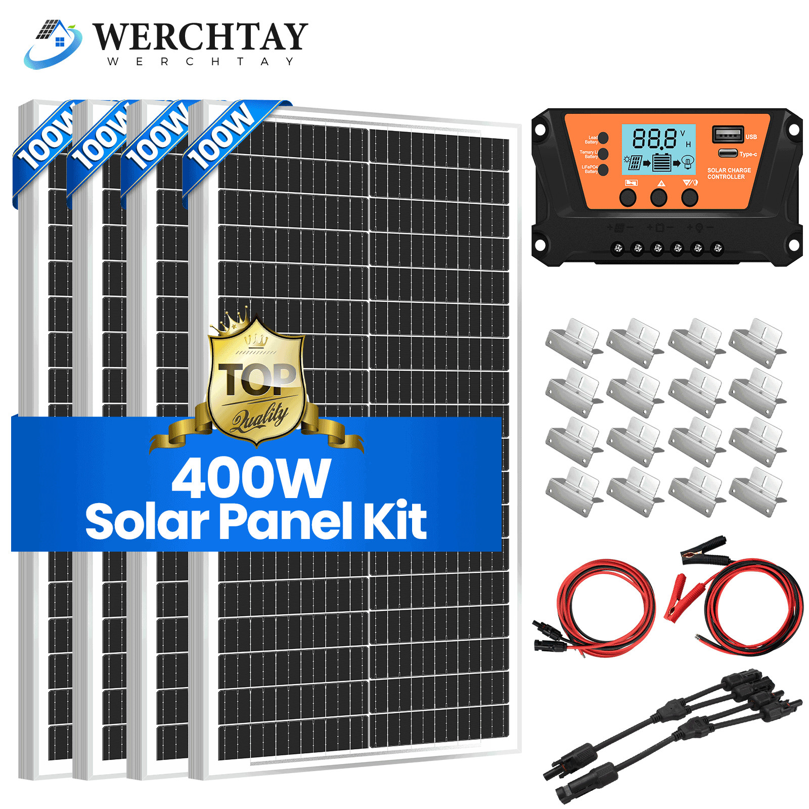100W 200W 300W 400W Watt 12V Mono Solar Panel Kit Charger RV Home Off-Grid Boat