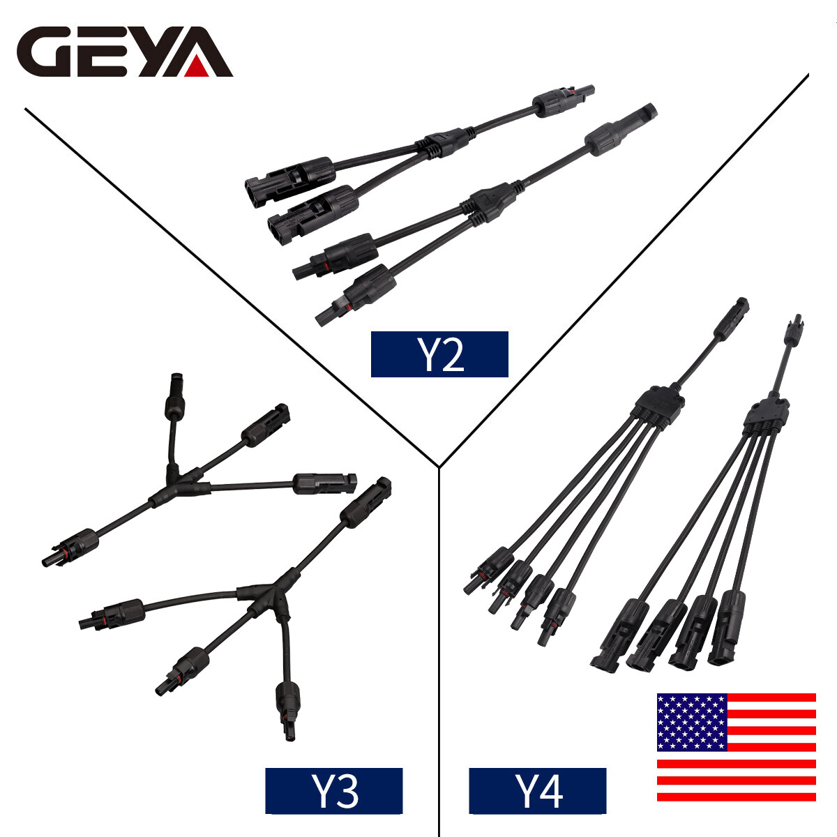 GEYA 1 Pair Y Branch PV Solar panel Cable Connector 1000V 2/3/4 IP67 Male&Female