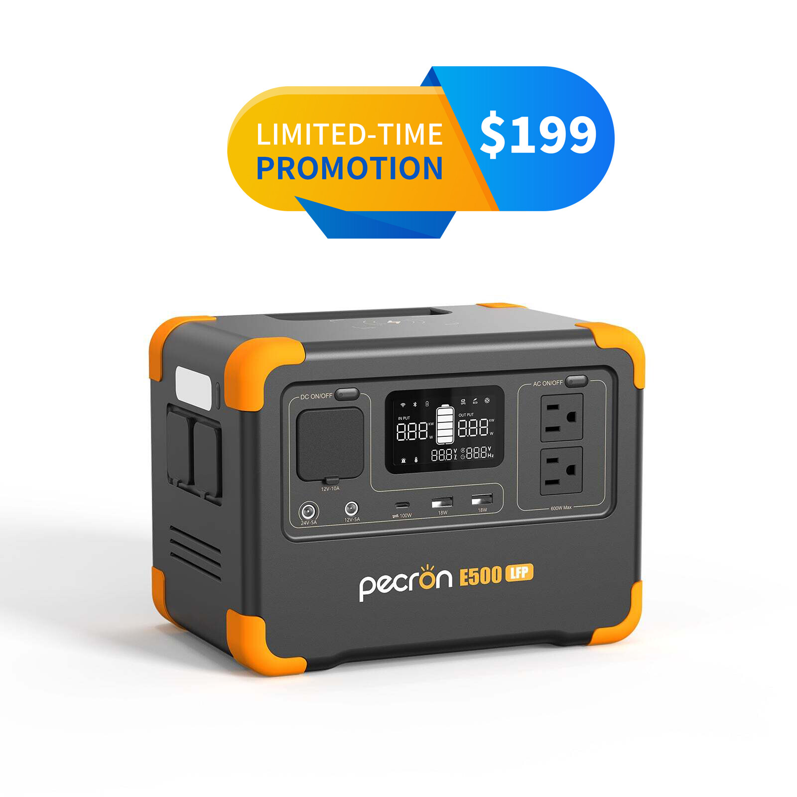 Pecron Portable Power Station E500LFP 576Wh 600W LiFePO4 Battery Solar Generator