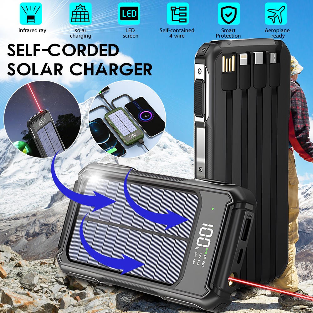 20000mAh Solar Power Bank Digital Fast Charging USB External Battery 4Cable LED