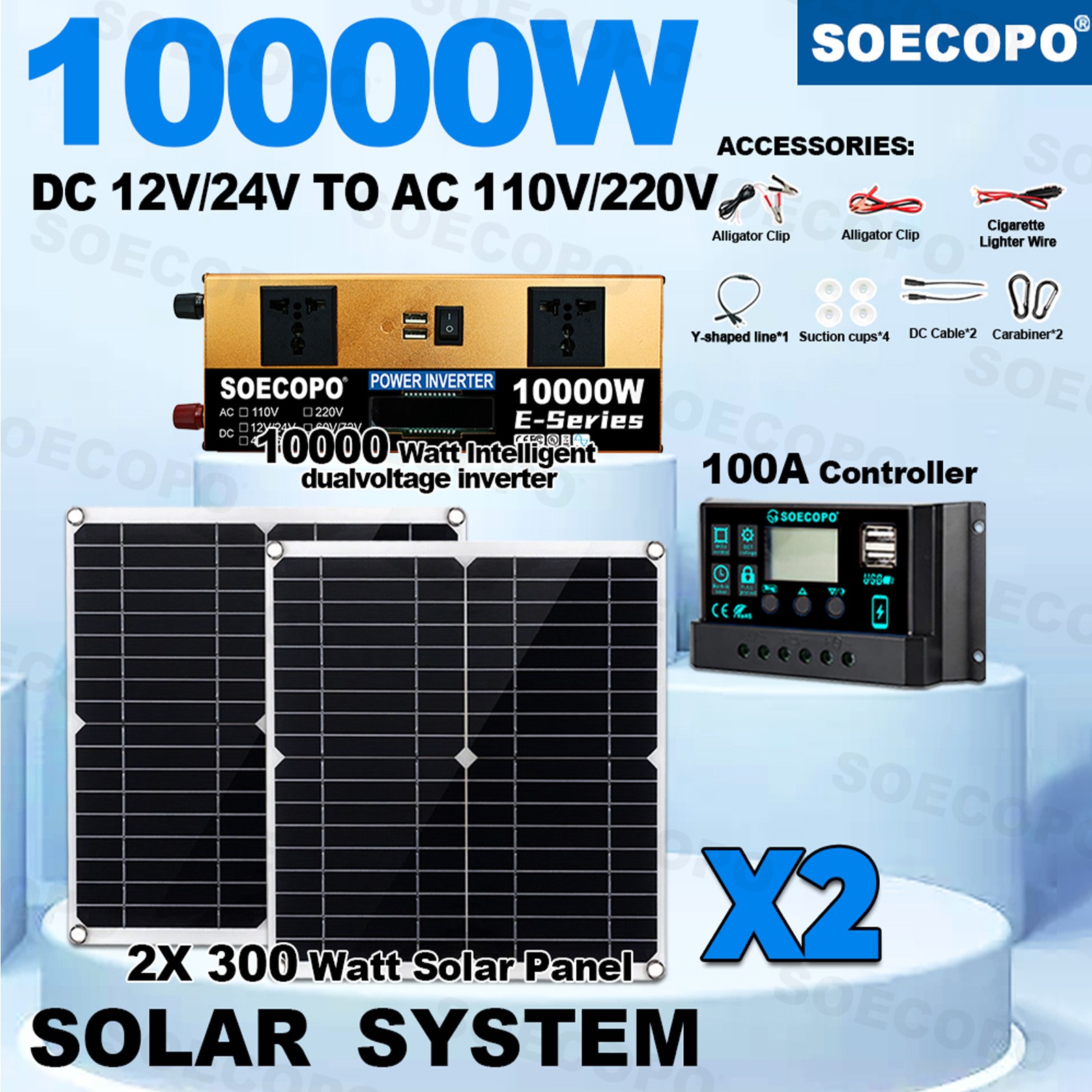 Off-Grid Solar Kit 10000W Sine Wave Inverter +2pcs Solar Panels+100A Controller