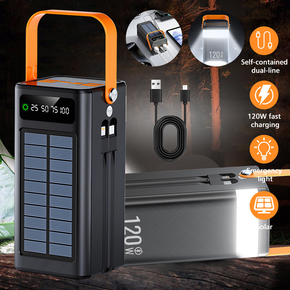 70000mAh Solar Power Bank 120W Fast Charging Portable External Battery W/ 4Cable