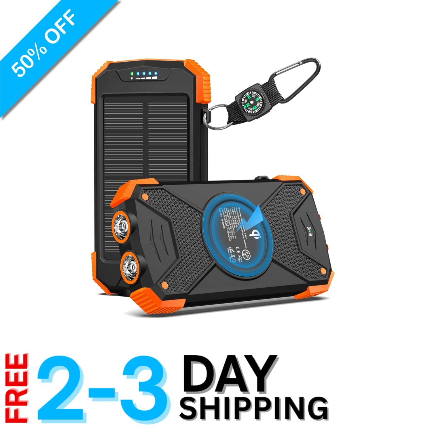10,000mAh Solar Power Bank with 20W Fast Charging & Dual Flashlights, Waterproof