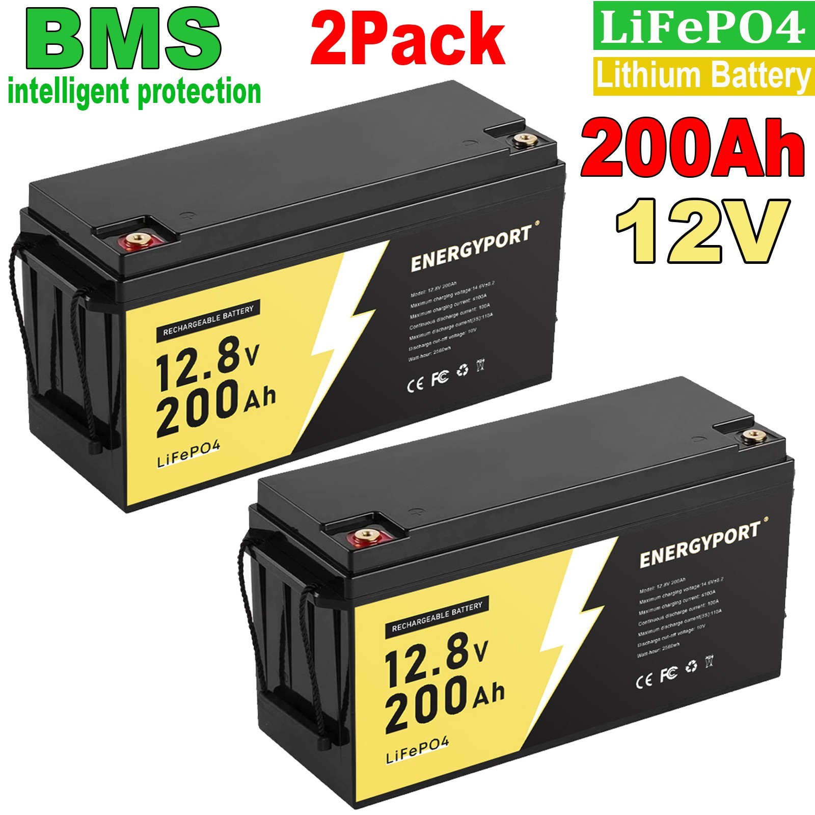 2PC 12V 200AH LiFePO4 Lithium Battery 15000 Deep Cycle BMS for RV Solar Off-grid